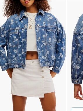 Free People floral  Print Blue Denim Jacket - Casual Women's Coat